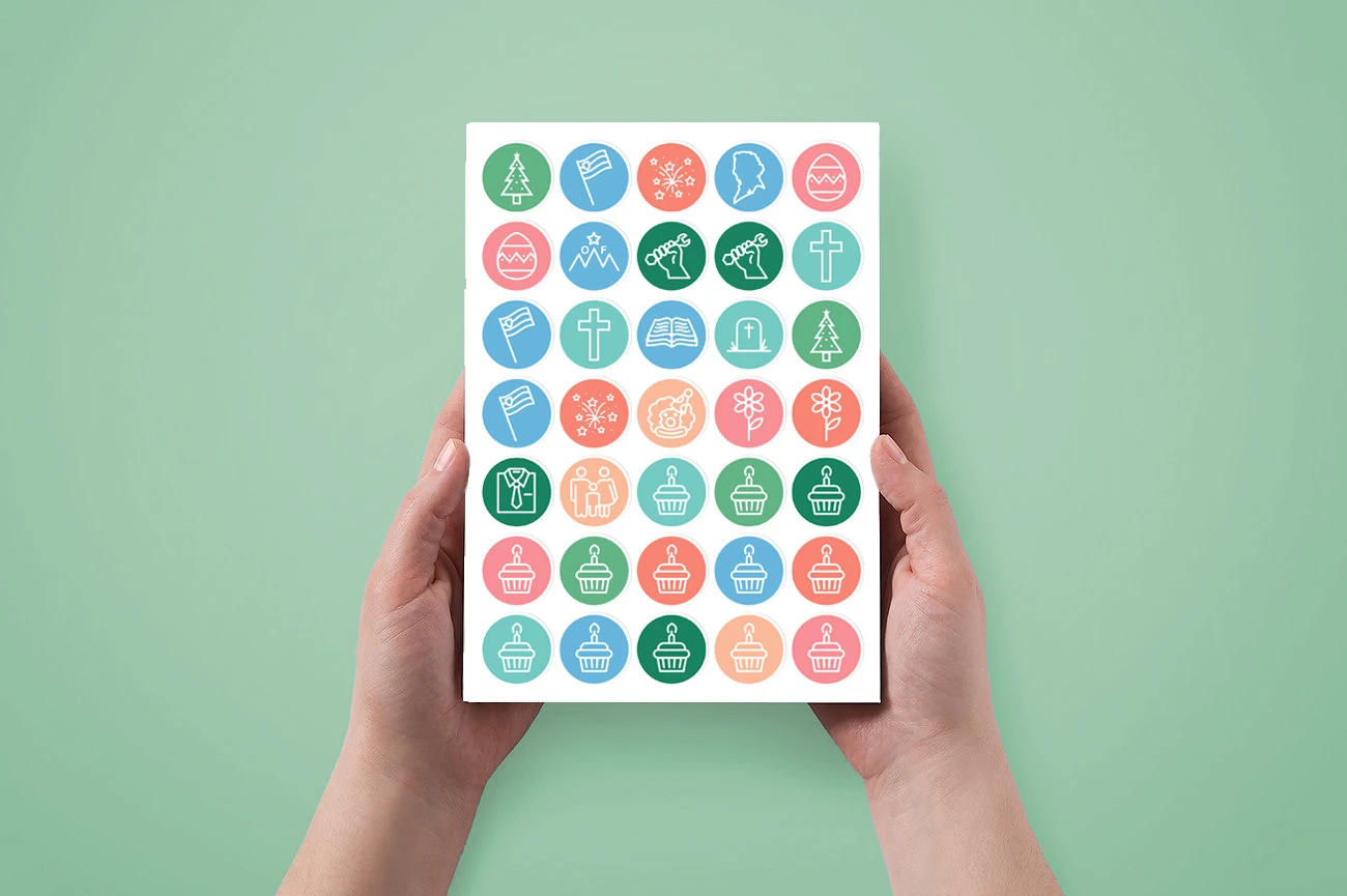 Planko's holiday and celebration stickers presented as part of the planner system.