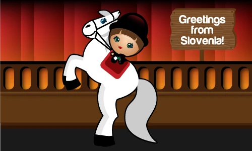 An Artida rider with a white horse in a Greetings from Slovenia illustration.