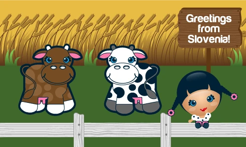 An Artida character with cows and a traditional hayrack in a Slovenian countryside illustration.