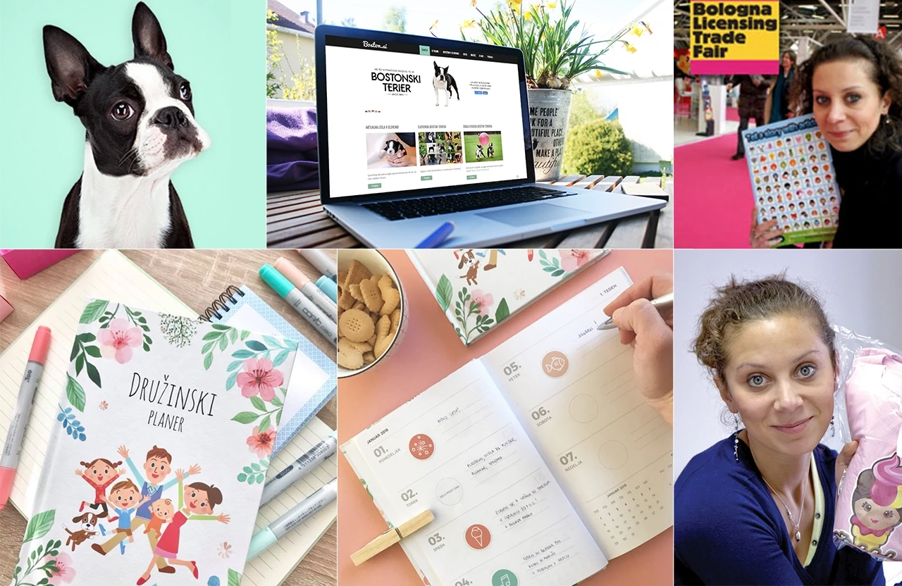 Original project collage featuring Artida illustrations, the Planko family planner and the Boston Terrier community website.