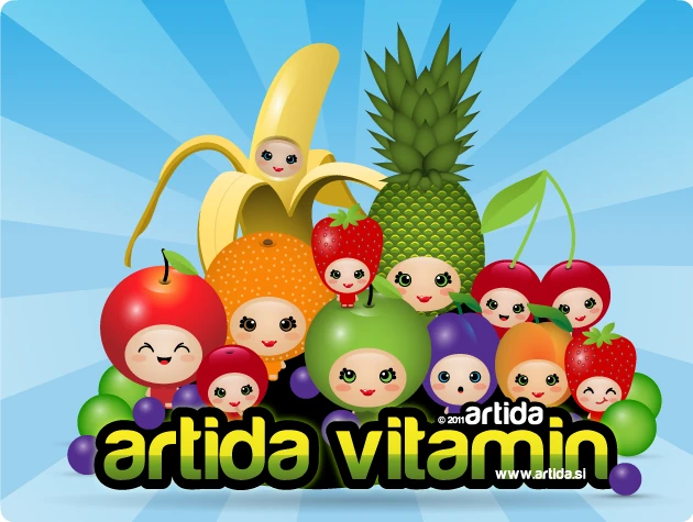 Colourful Artida fruit characters in the Artida Vitamin illustration.
