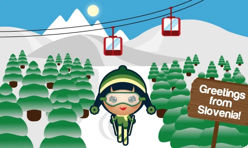 An Artida skier in a snowy Slovenian mountain scene.