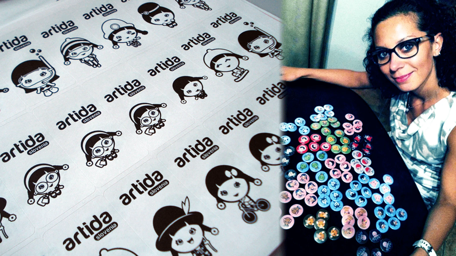 Original Artida project collage with illustrated characters, printed materials and Ajda holding a display of character badges.