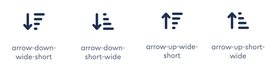 Four Font Awesome sorting icons with arrows and horizontal bars of different lengths.
