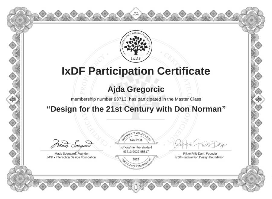 Potrdilo Ajde Gregorčič za izobraževanje »Design for the 21st Century with Don Norman«.