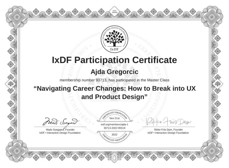 Potrdilo Ajde Gregorčič za izobraževanje »Navigating Career Changes: How to Break into UX and Product Design«.