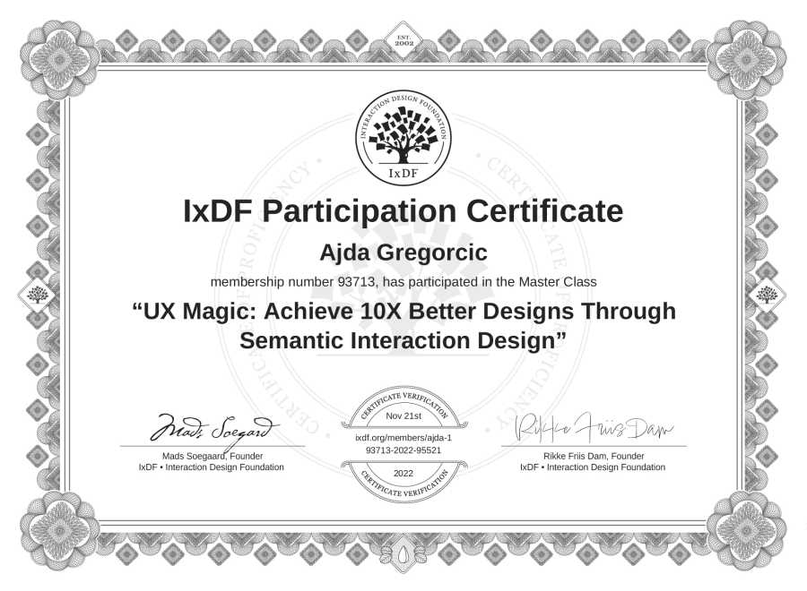 Potrdilo Ajde Gregorčič za izobraževanje »UX Magic: Achieve 10X Better Designs Through Semantic Interaction Design«.