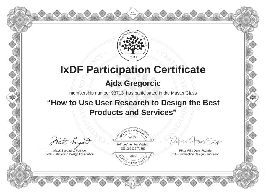 Potrdilo Ajde Gregorčič za izobraževanje »How to Use User Research to Design the Best Products and Services«.