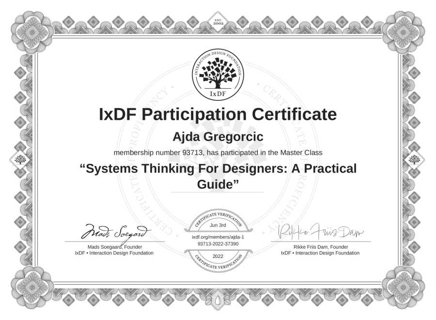 Potrdilo Ajde Gregorčič za izobraževanje »Systems Thinking For Designers: A Practical Guide«.