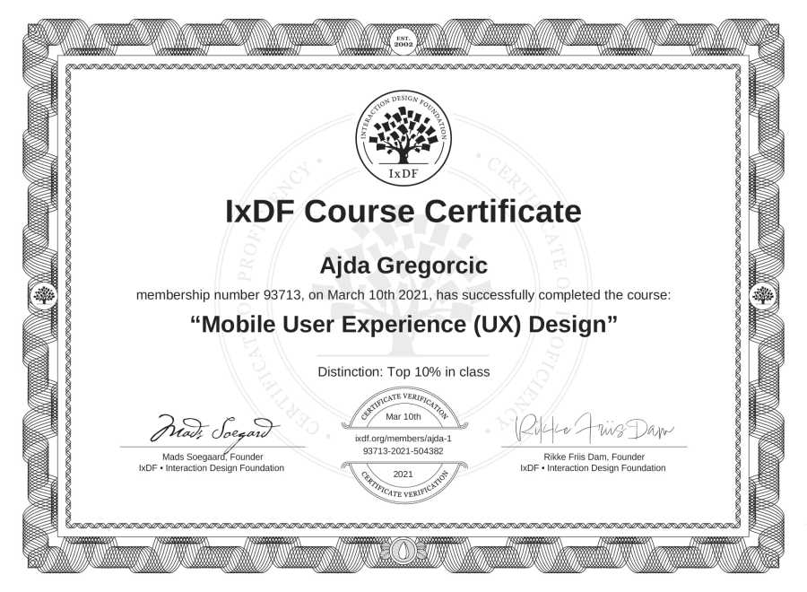 Potrdilo Ajde Gregorčič za izobraževanje »Mobile User Experience (UX) Design«.