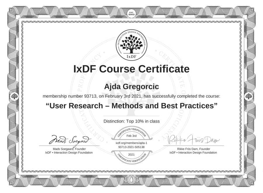 Potrdilo Ajde Gregorčič za izobraževanje »User Research — Methods and Best Practices«.