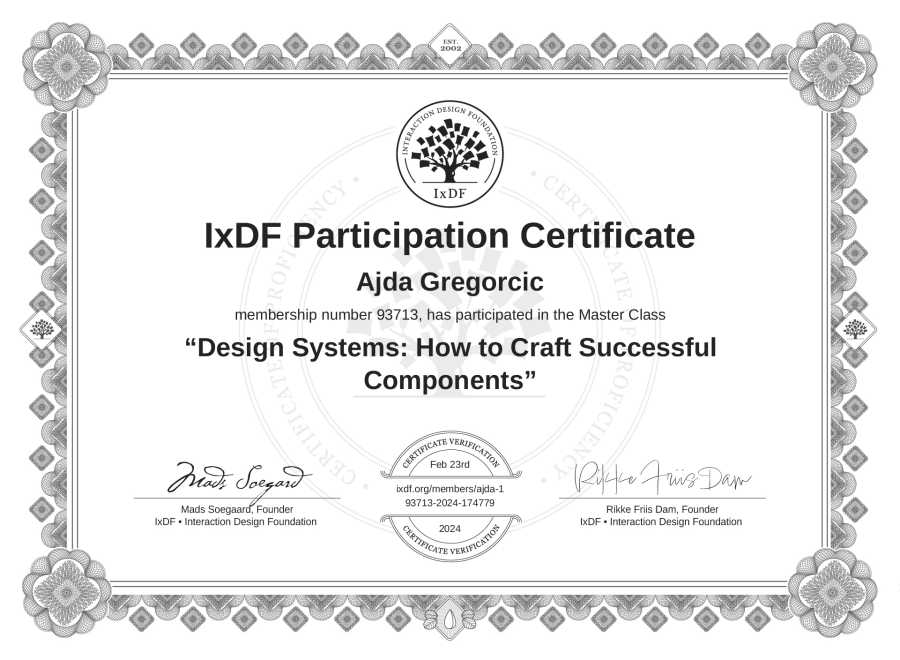Potrdilo Ajde Gregorčič za izobraževanje »Design Systems: How to Craft Successful Components«.