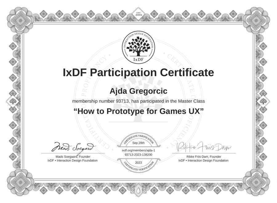 Potrdilo Ajde Gregorčič za izobraževanje »How to Prototype for Games UX«.