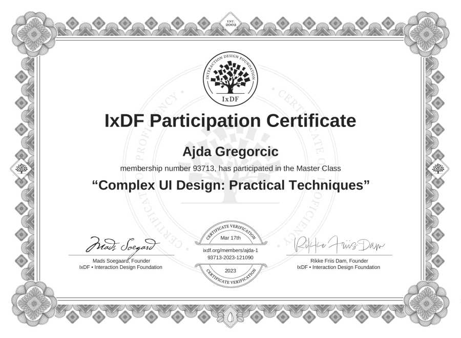 Potrdilo Ajde Gregorčič za izobraževanje »Complex UI Design: Practical Techniques«.