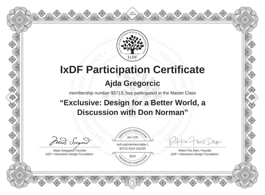 Potrdilo Ajde Gregorčič za izobraževanje »Exclusive: Design for a Better World, a Discussion with Don Norman«.