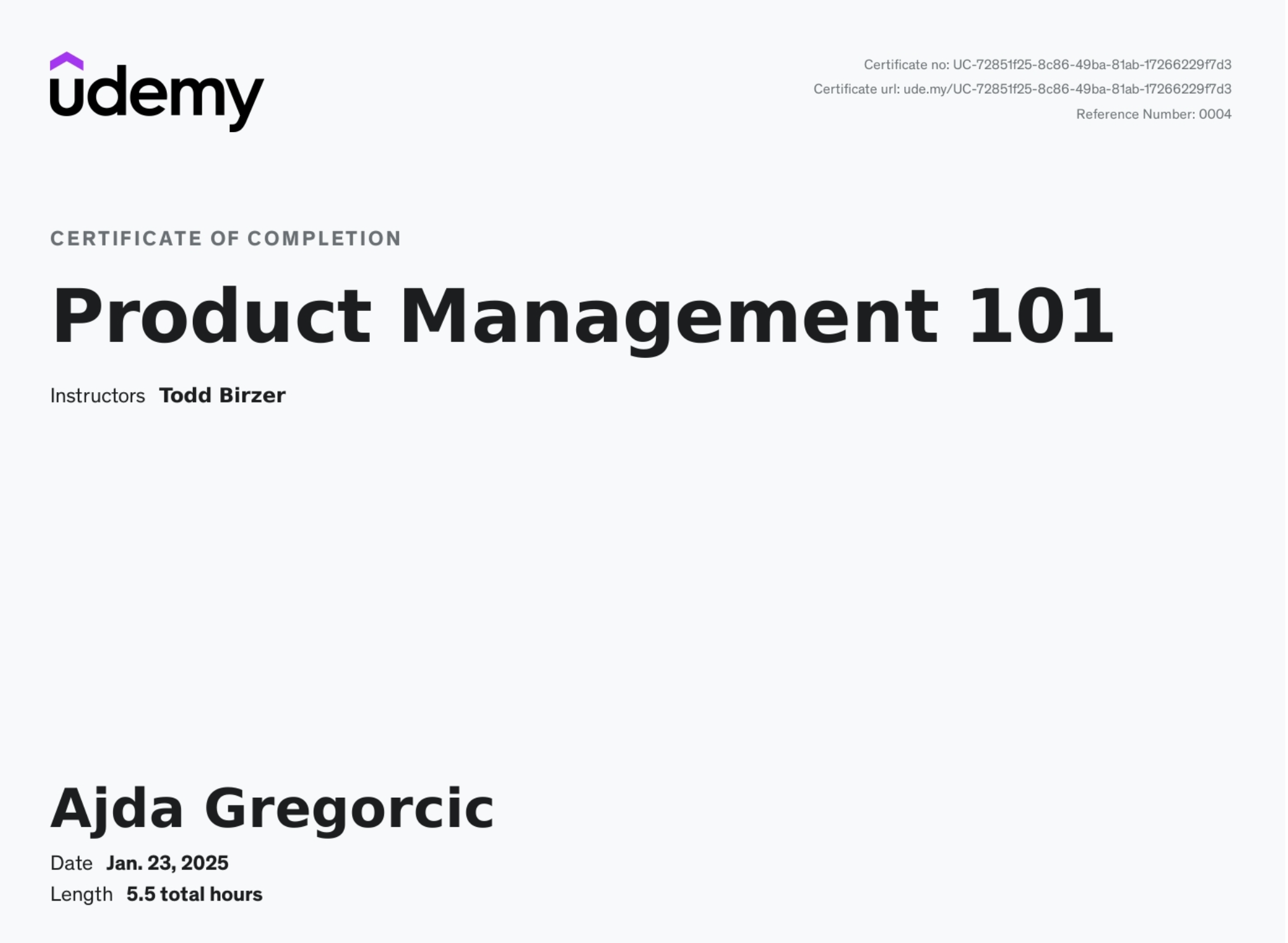Potrdilo Ajde Gregorčič za izobraževanje »Product Management 101«.