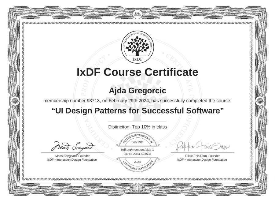 Potrdilo Ajde Gregorčič za izobraževanje »UI Design Patterns for Successful Software«.