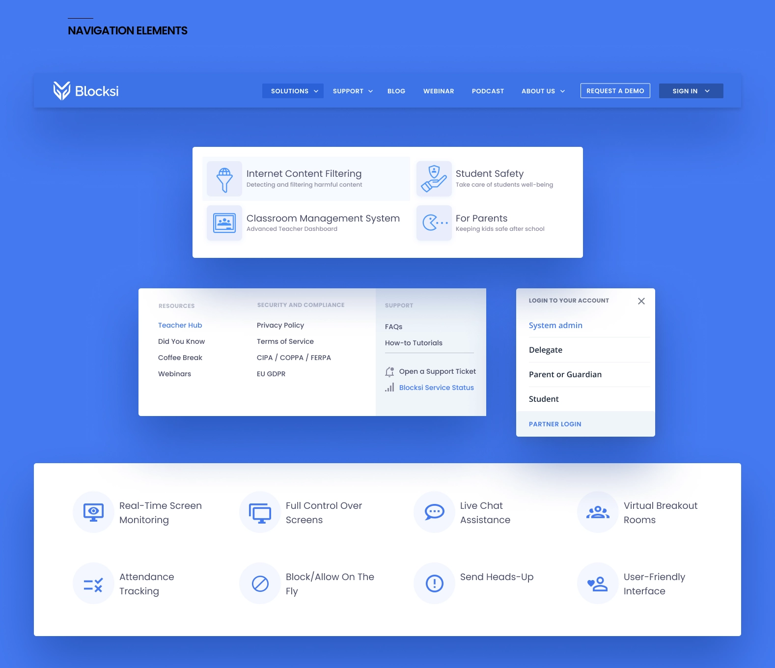 Blocksi website navigation and interface elements.