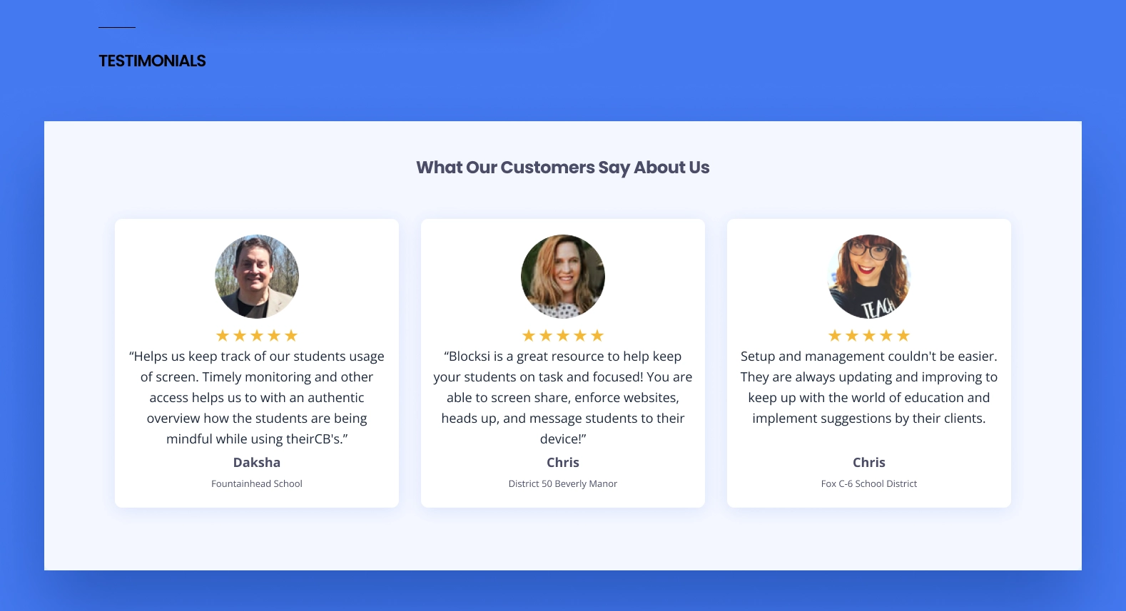Blocksi website testimonial section.