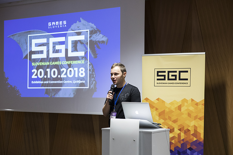 Predavatelj in vizualna identiteta Slovenian Games Conference 2018.